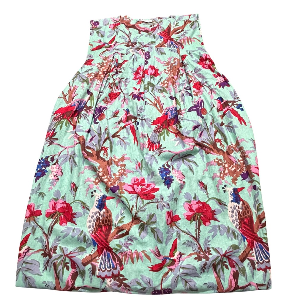Sievya Handmade Bird Floral Print Sleeveless Midi Dress Mint Green Women S/M